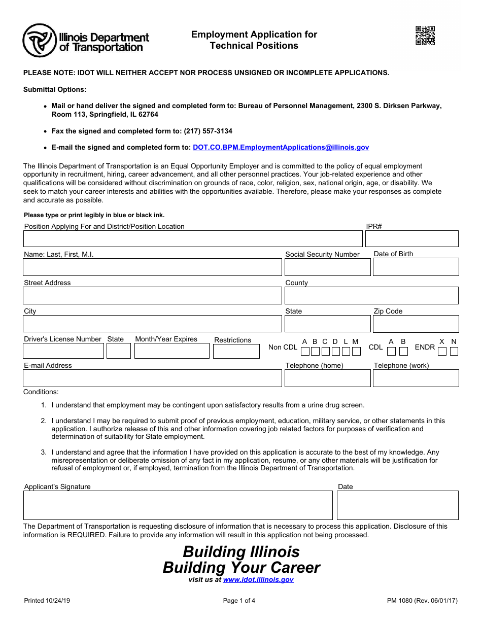 Form PM1080 Employment Application for Technical Positions - Illinois, Page 1