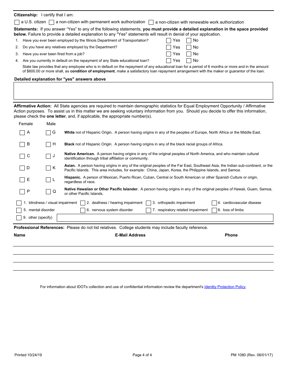 Form PM1080 Employment Application for Technical Positions - Illinois, Page 4