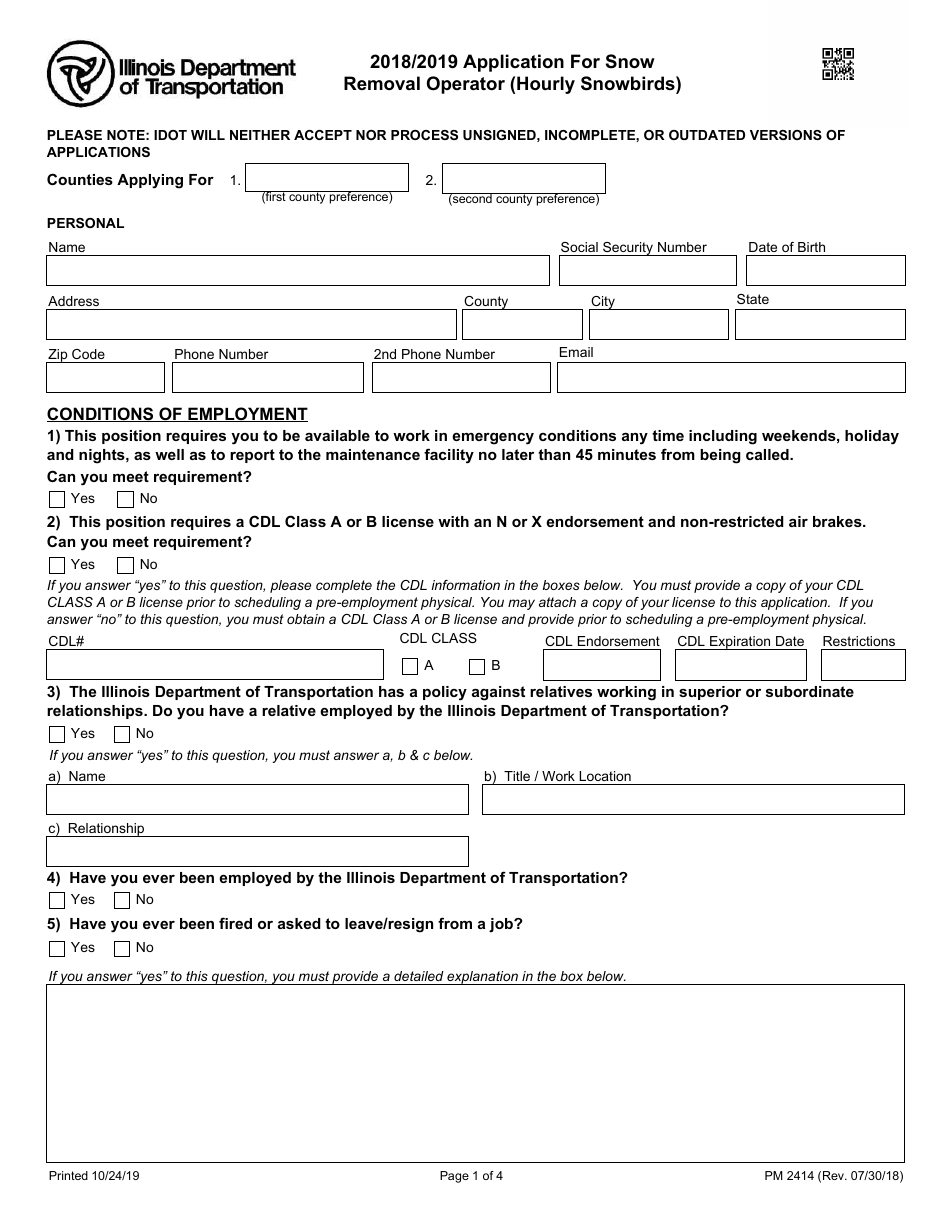 Form PM2414 Application for Snow Removal Operator (Hourly Snowbirds) - Illinois, Page 1