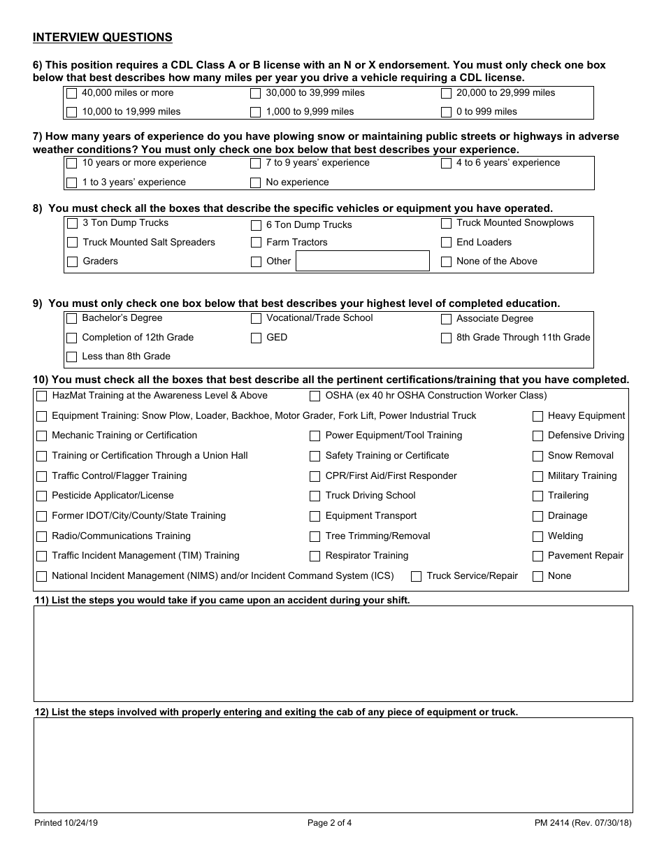Form PM2414 Application for Snow Removal Operator (Hourly Snowbirds) - Illinois, Page 2