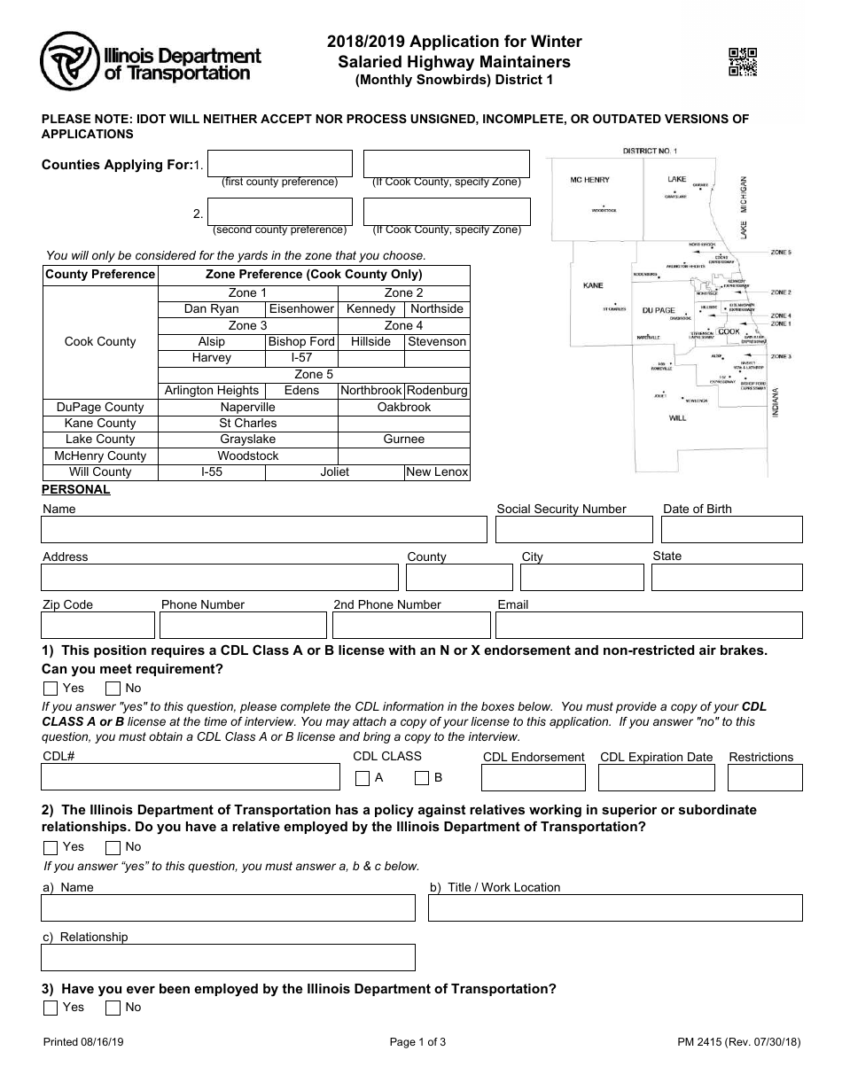 Form PM2415 Application for Winter Salaried Highway Maintainers (Monthly Snowbirds) - District 1 - Illinois, Page 1