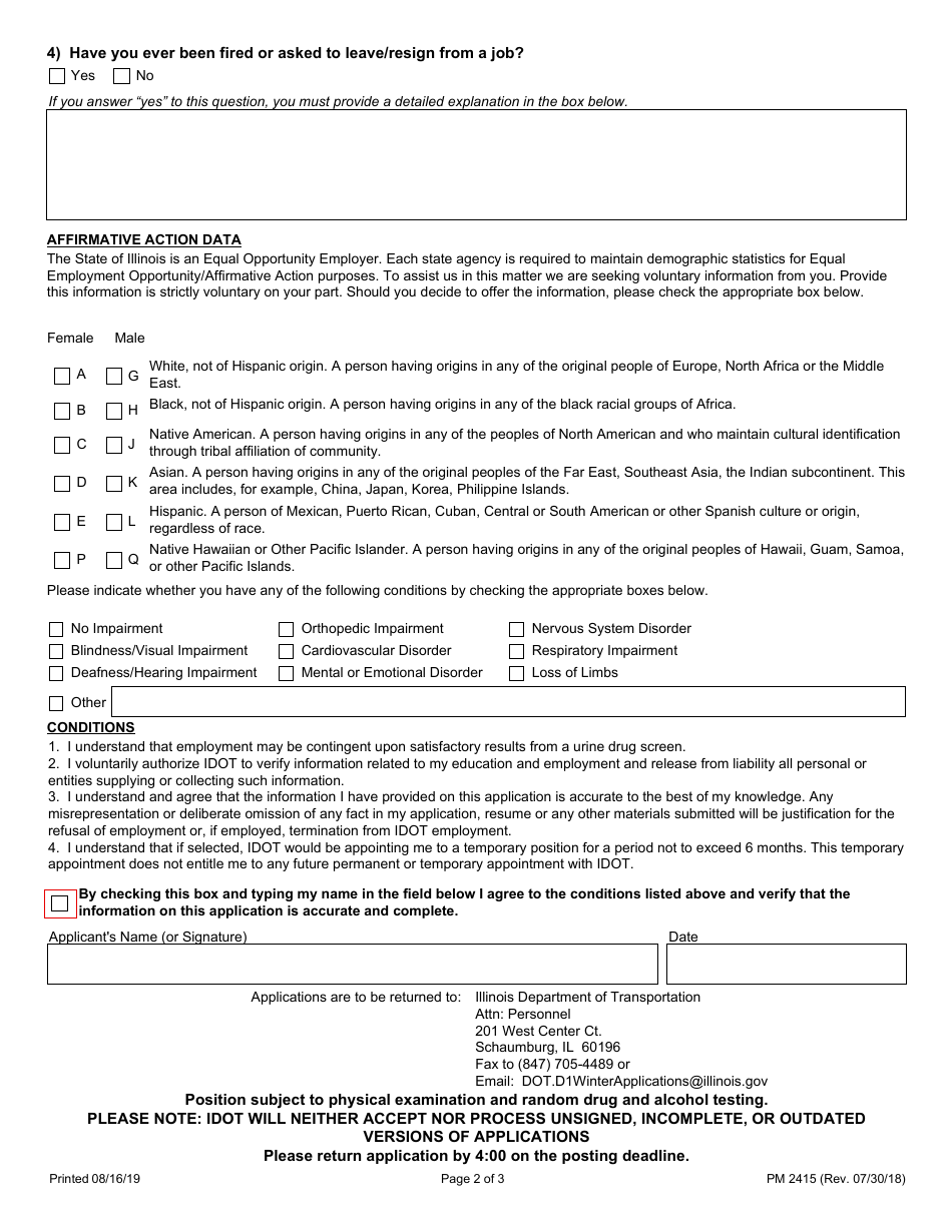Form PM2415 Application for Winter Salaried Highway Maintainers (Monthly Snowbirds) - District 1 - Illinois, Page 2