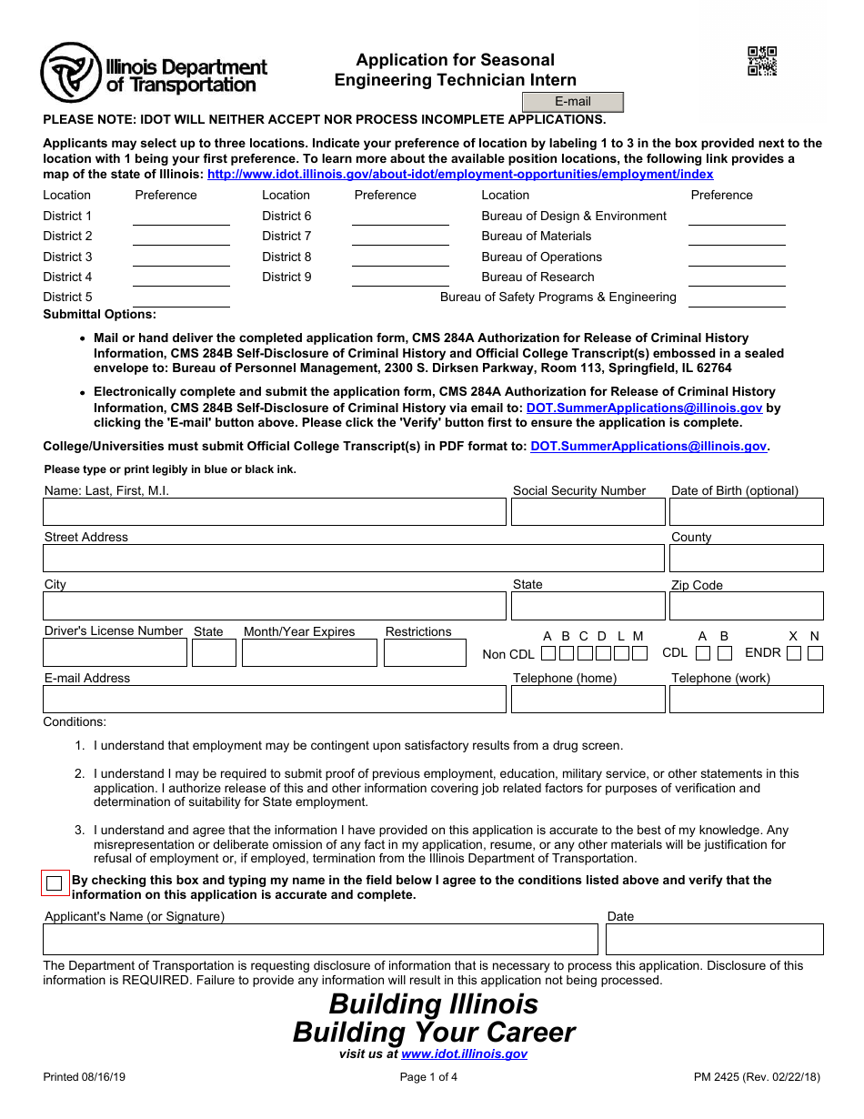 Form PM2425 Application for Seasonal Engineering Technician Intern - Illinois, Page 1