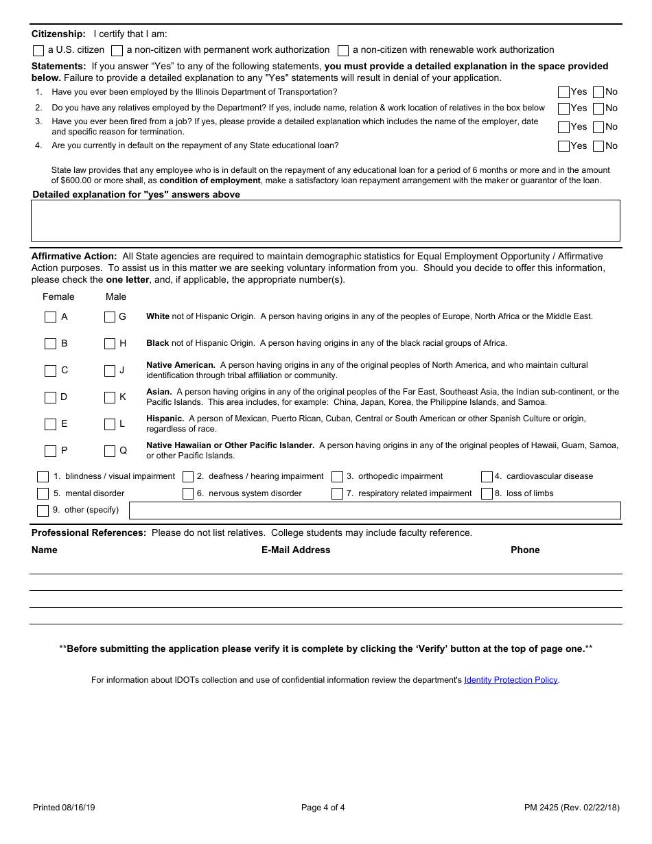 Form PM2425 Application for Seasonal Engineering Technician Intern - Illinois, Page 4