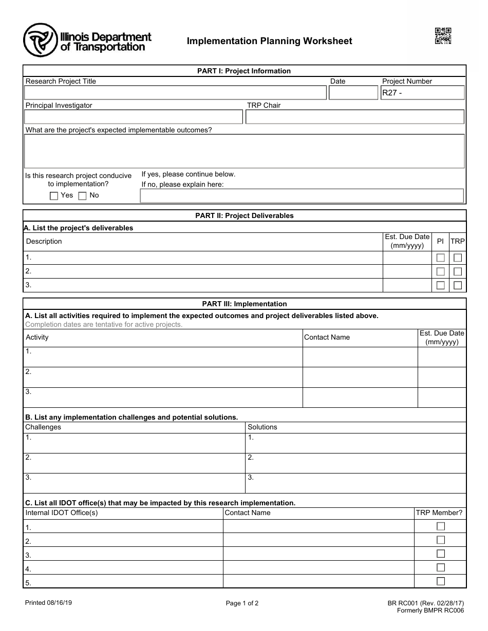 Form BR RC001 Implementation Planning Worksheet - Illinois, Page 1
