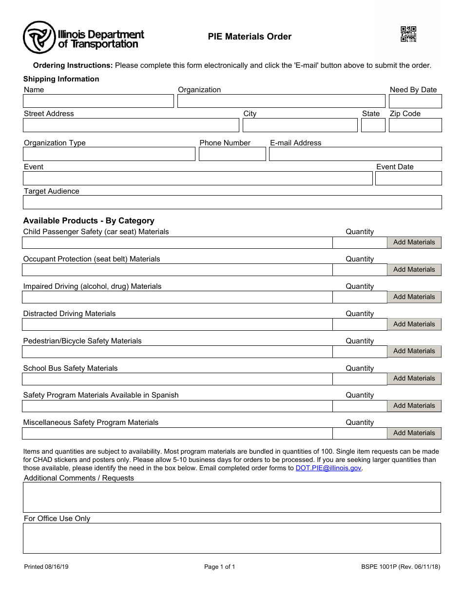 Form BSPE1001P Pie Materials Order - Illinois, Page 1