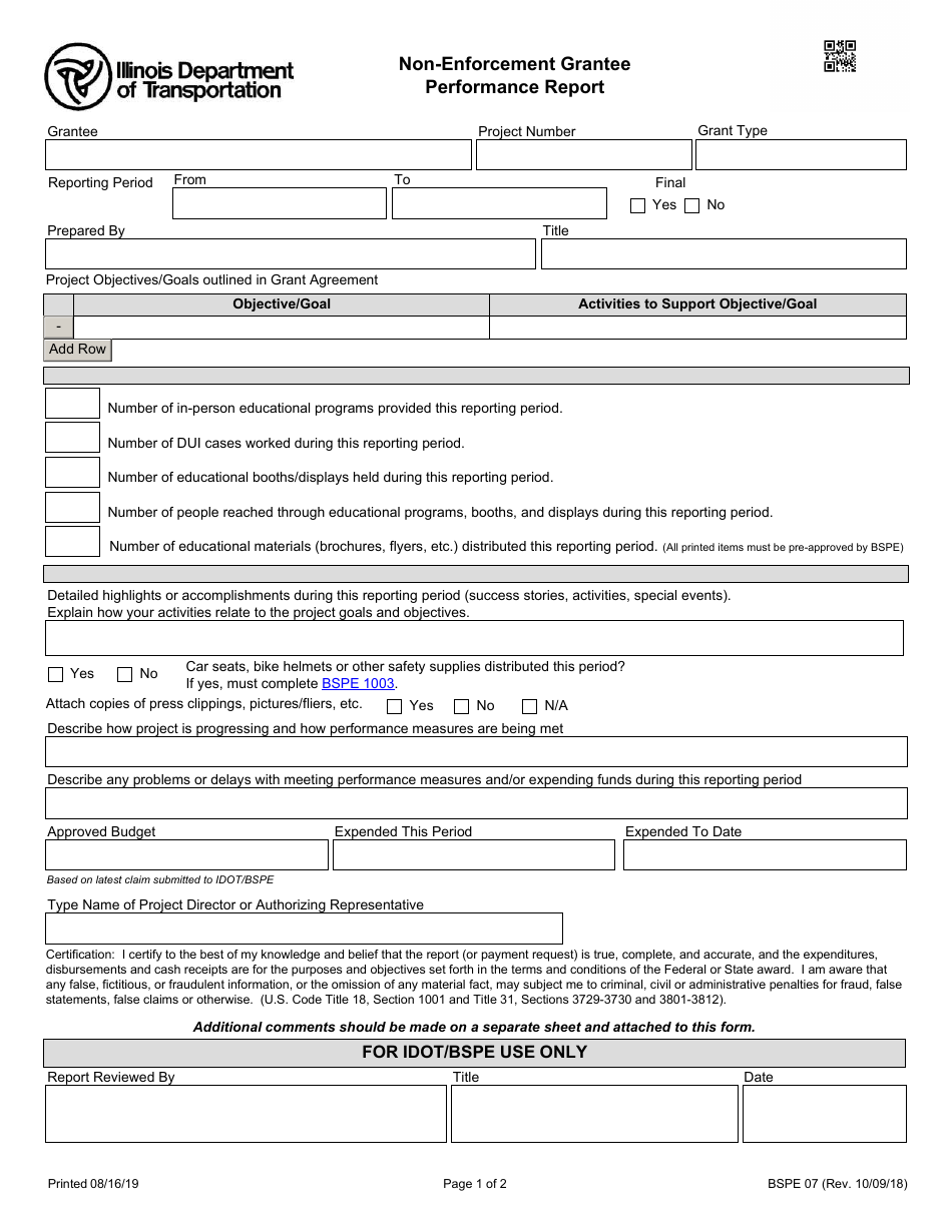 Form BSPE07 Non-enforcement Grantee Performance Report - Illinois, Page 1