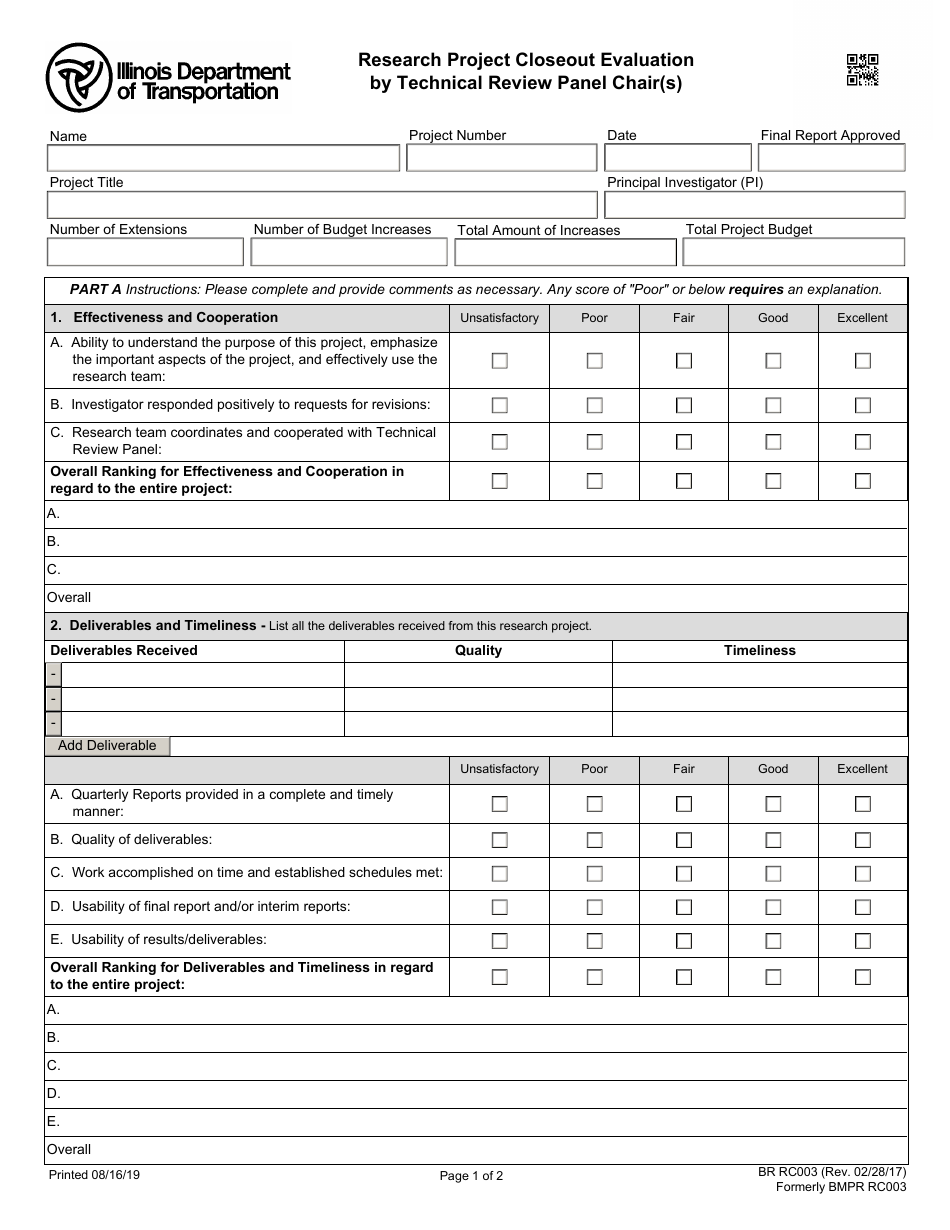 Form BR RC003 Research Project Closeout Evaluation by Technical Review Panel Chair(S) - Illinois, Page 1
