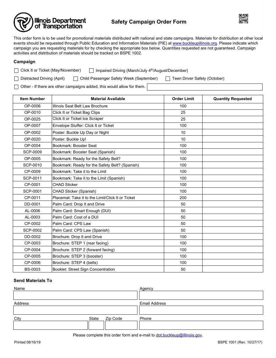 Form BSPE1001 Safety Campaign Order Form - Illinois, Page 1