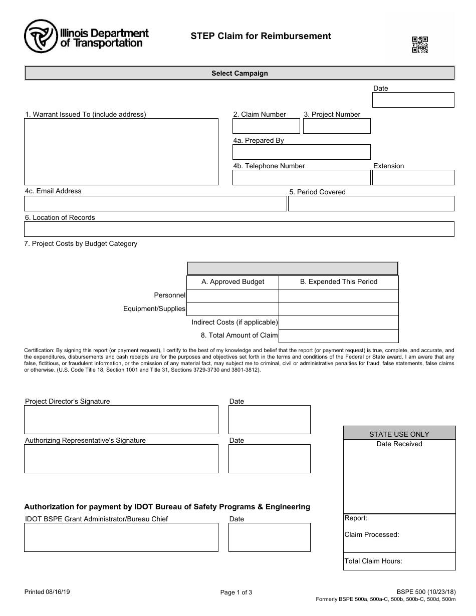 Form BSPE500 Step Claim for Reimbursement - Illinois, Page 1