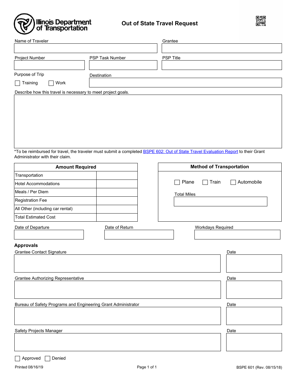 Form BSPE601 Out of State Travel Request - Illinois, Page 1
