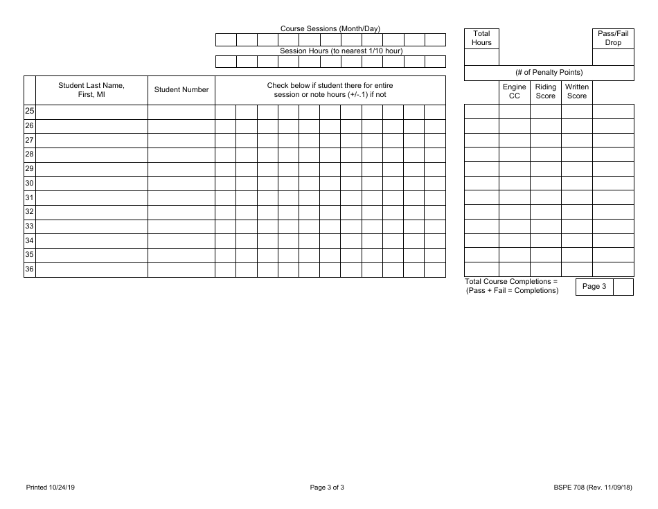 Form BSPE708 Cycle Rider Course Attendance - Illinois, Page 3