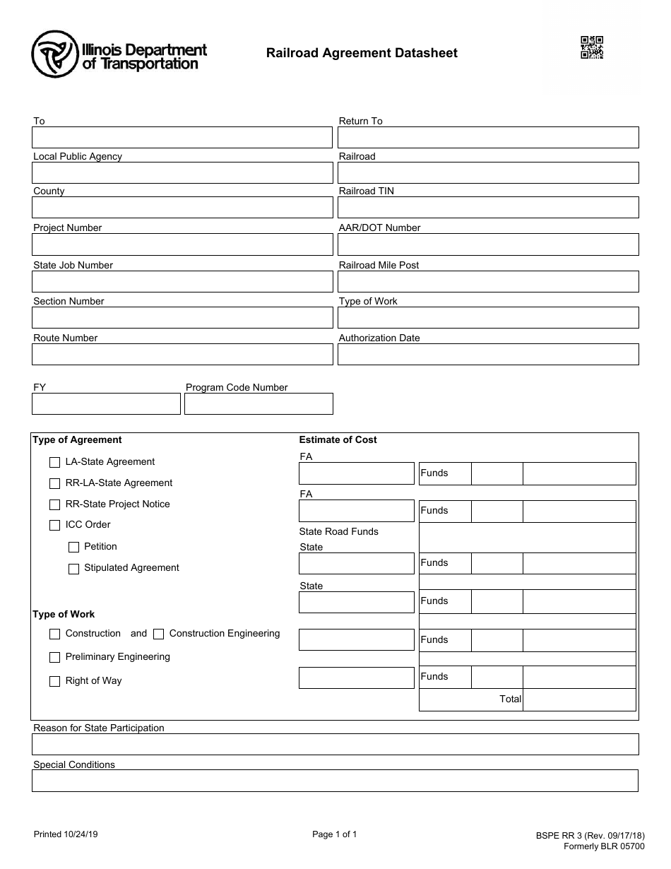 Form BSPE RR3 Railroad Agreement Datasheet - Illinois, Page 1