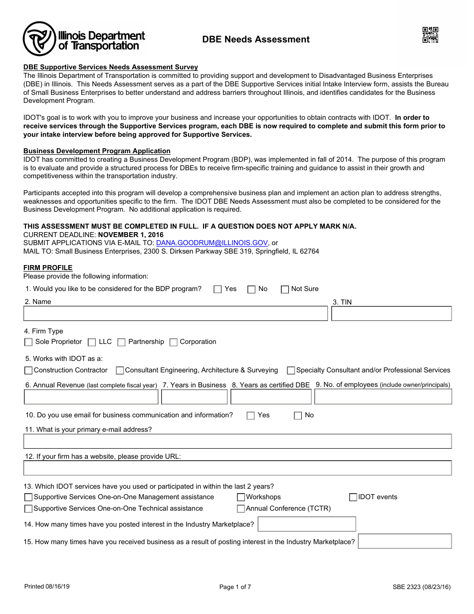 Form SBE2323 Dbe Needs Assessment - Illinois, Page 1