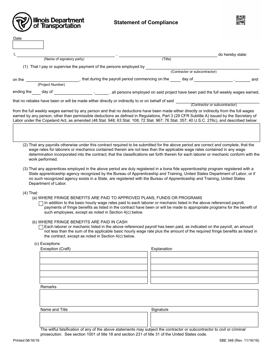 Form SBE348 Statement of Compliance - Illinois, Page 1