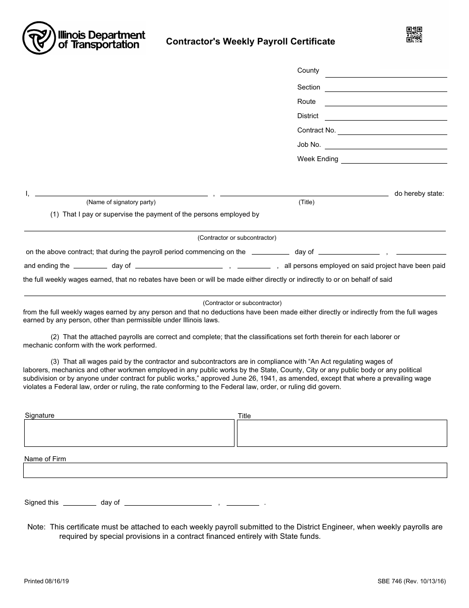 Form SBE746 Contractors Weekly Payroll Certificate - Illinois, Page 1