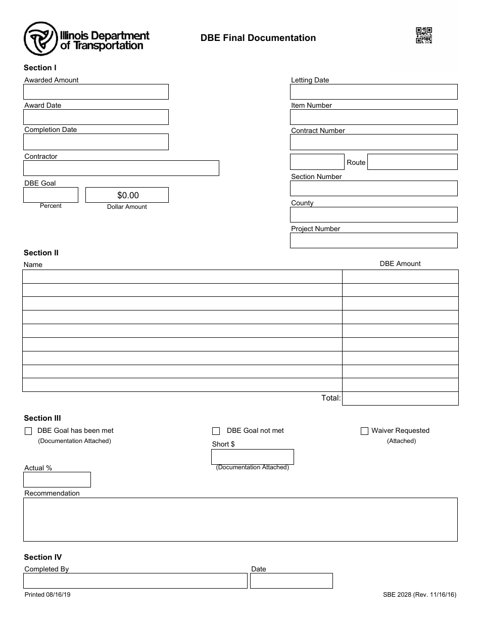 Form SBE2028 Dbe Final Documentation - Illinois, Page 1