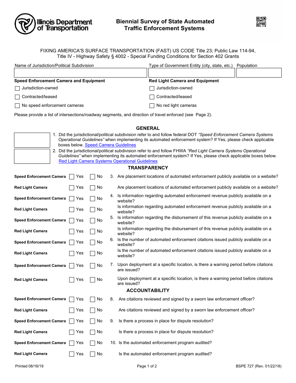 Form BSPE727 Biennial Survey of State Automated Traffic Enforcement Systems - Illinois, Page 1