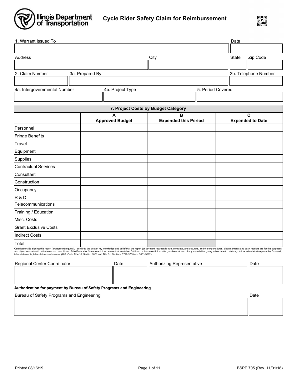 Form BSPE705 Cycle Rider Safety Claim for Reimbursement - Illinois, Page 1