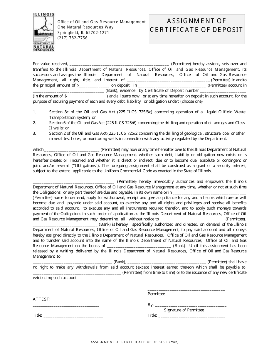 Assignment of Certificate of Deposit - Illinois, Page 1
