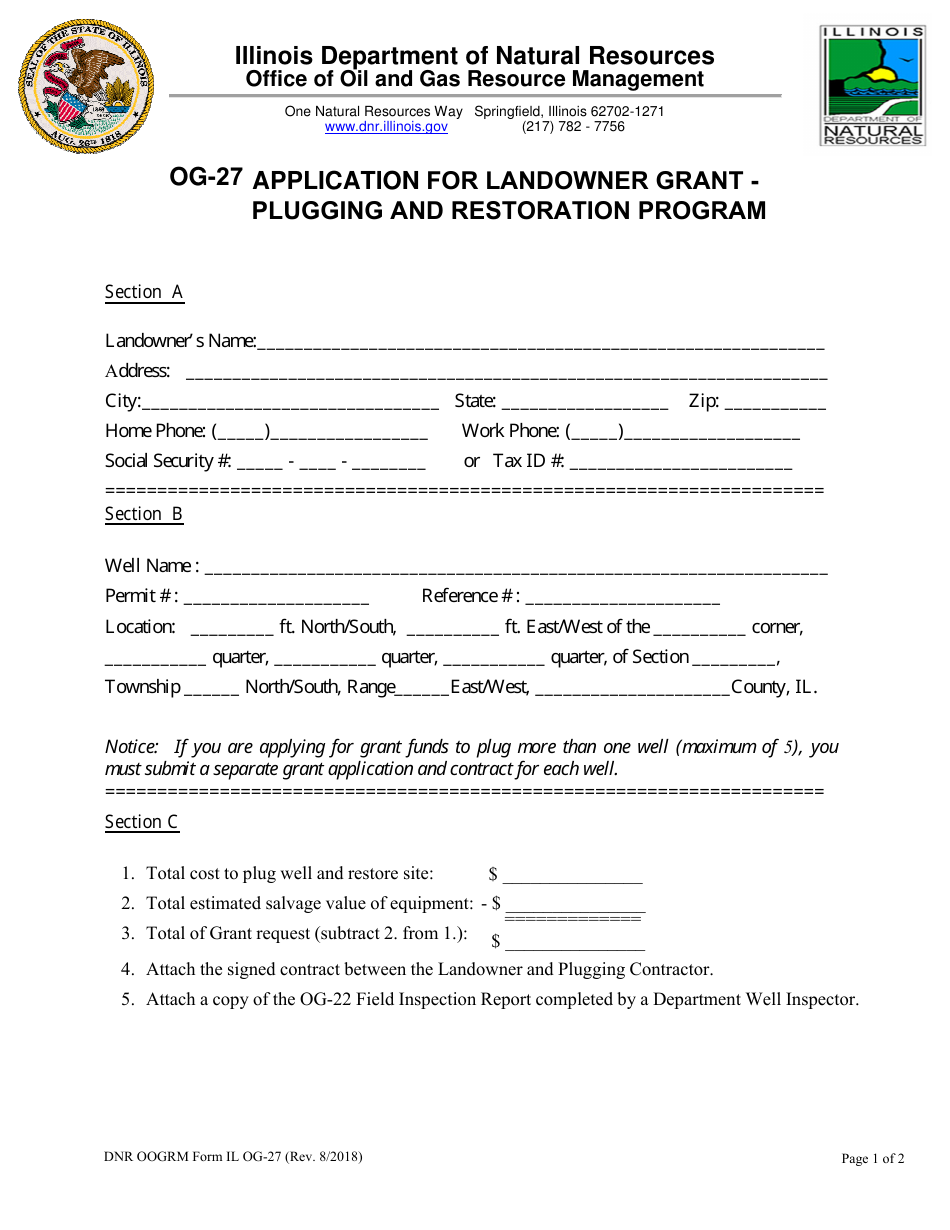 Form OG-27 Application for Landowner Grant - Plugging and Restoration Program - Illinois, Page 3