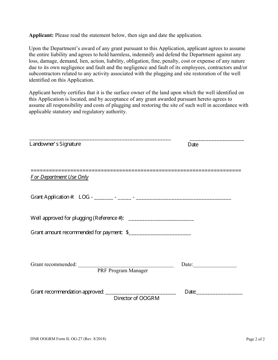 Form OG-27 Application for Landowner Grant - Plugging and Restoration Program - Illinois, Page 4