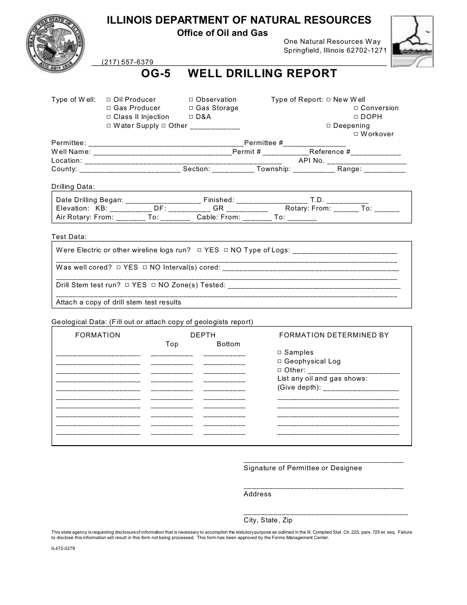 Form OG-5 (IL472-0279) Well Drilling Report - Illinois, Page 1