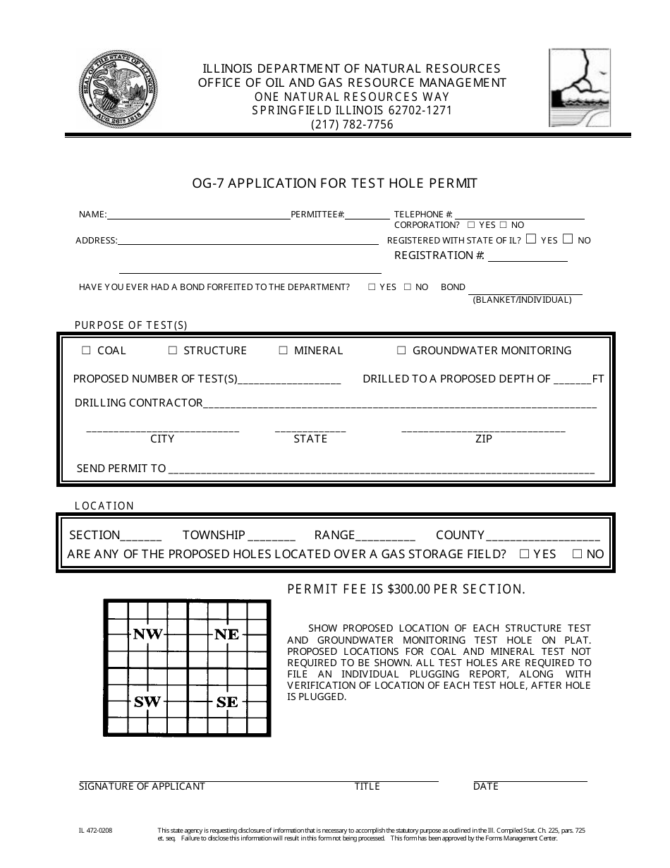 Form OG-7 (IL472-0208) Application for Test Hole Permit - Illinois, Page 1