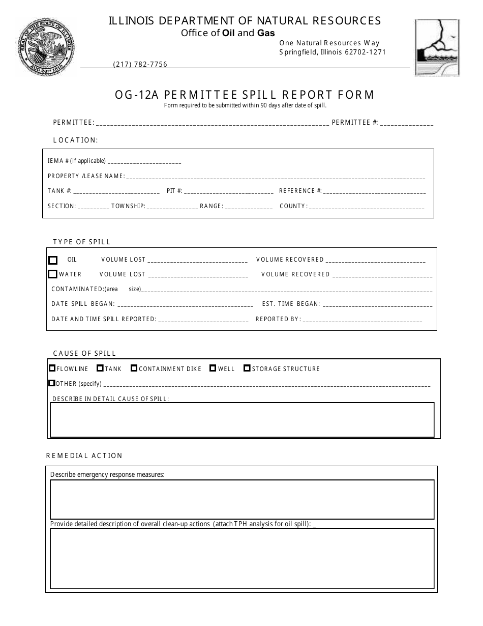 Form OG-12A Permittee Spill Report Form - Illinois, Page 1
