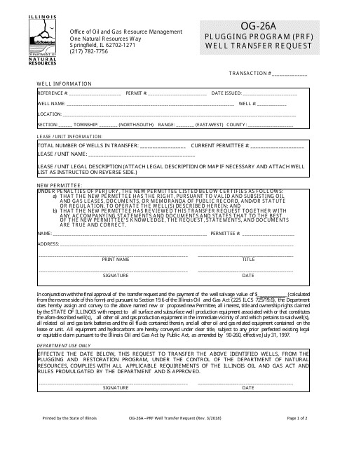 DNR OOGRM Form OG-26A Plugging Program (Prf) Well Transfer Request - Illinois