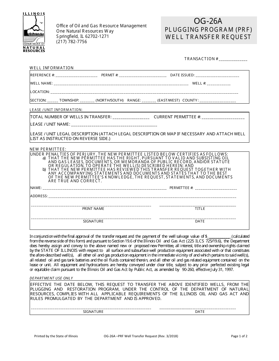 DNR OOGRM Form OG-26A Plugging Program (Prf) Well Transfer Request - Illinois, Page 1