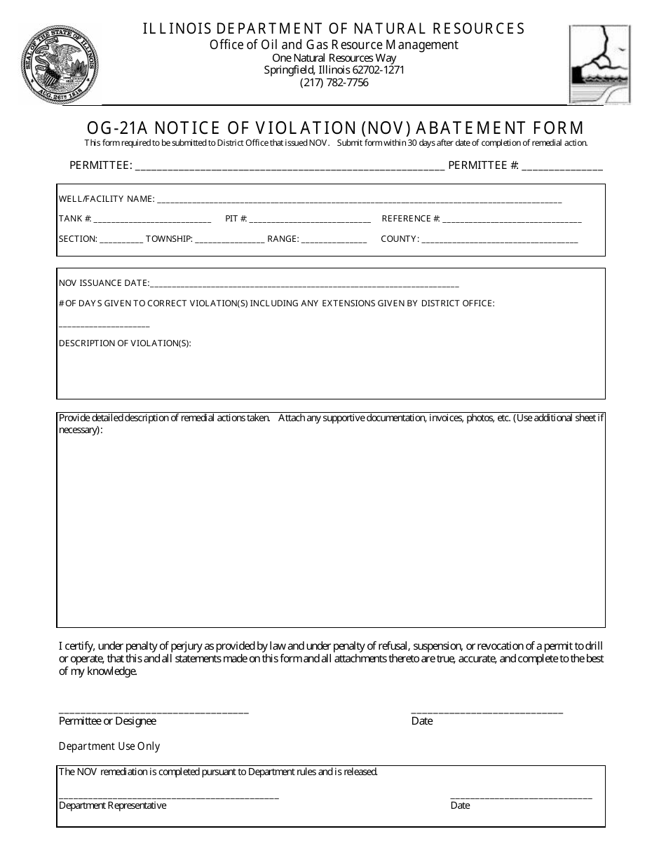 Form OG-21A Notice of Violation (Nov) Abatement Form - Illinois, Page 1