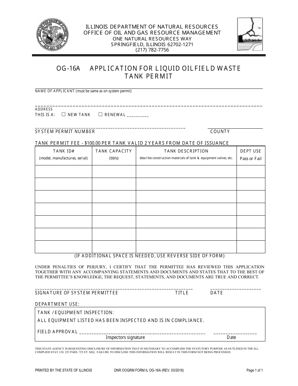Form OG-16A Application for Liquid Oilfield Waste Tank Permit - Illinois, Page 1