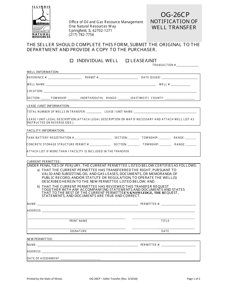 DNR OOGRM Form OG-26CP Notification of Well Transfer - Illinois, Page 1