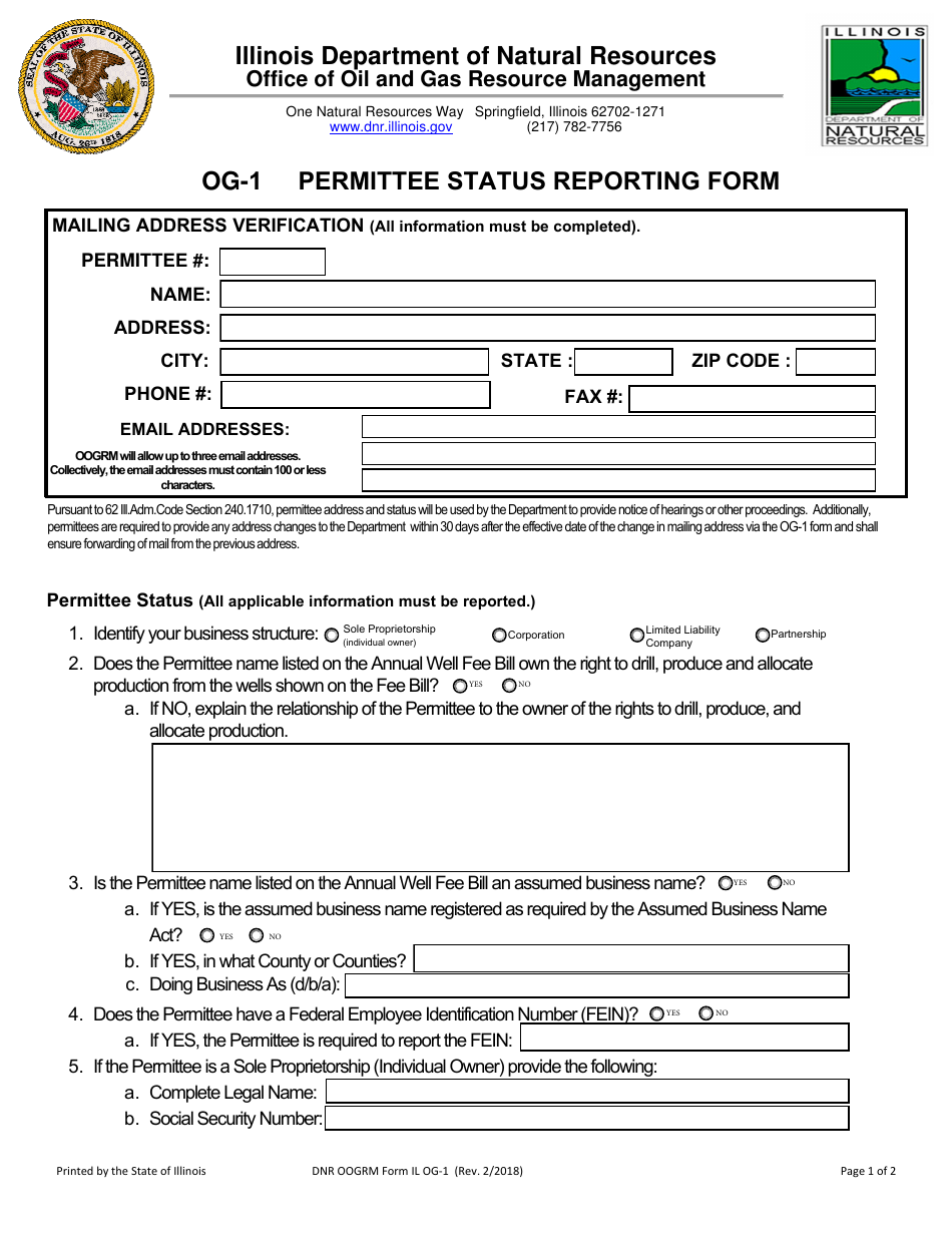 Form OG-1 Permittee Status Reporting Form - Illinois, Page 1
