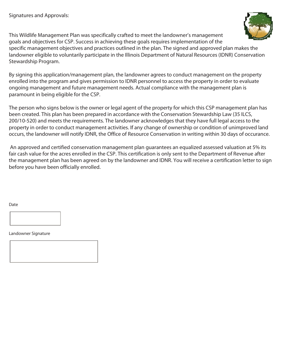Illinois Conservation Stewardship Program Application & Management Plan