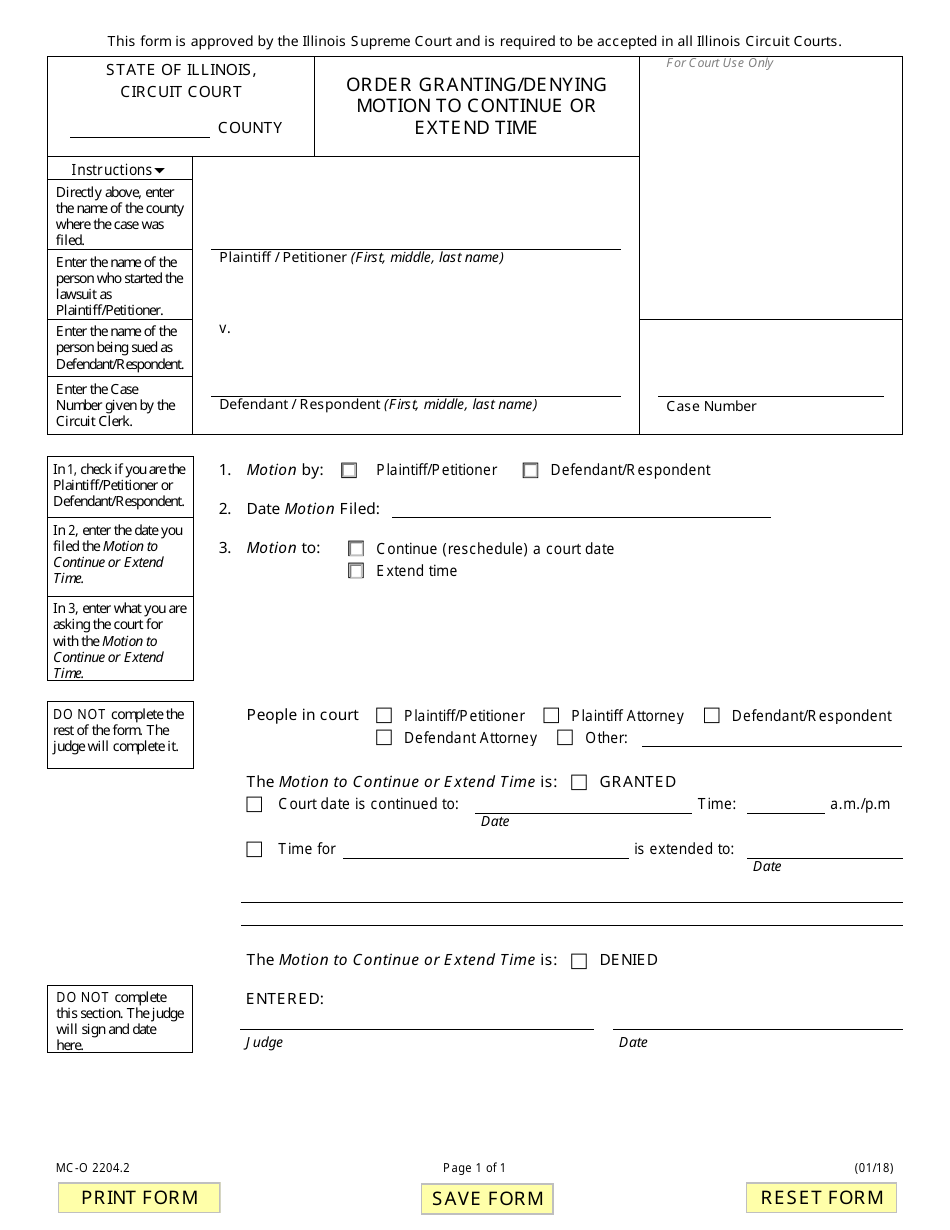 Form MC-O2204.2 Order Granting / Denying Motion to Continue or Extend Time - Illinois, Page 1