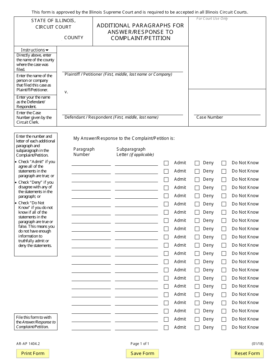 Form AR-AP1404.2 Additional Paragraphs for Answer / Response to Complaint / Petition - Illinois, Page 1