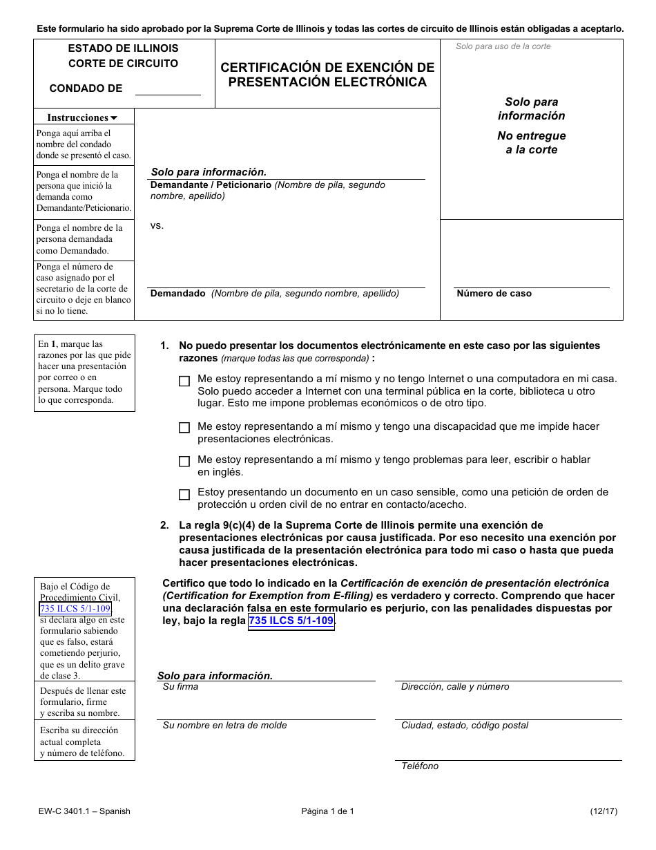 Formulario EW-C3401.1 Certificacion De Exencion De Presentacion Electronica - Illinois (Spanish), Page 1