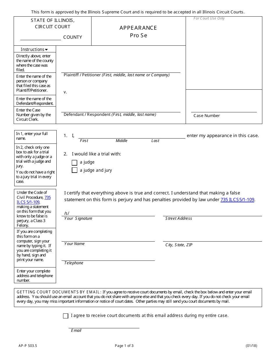 Form AP-P503.5 Appearance Pro Se - Illinois, Page 1
