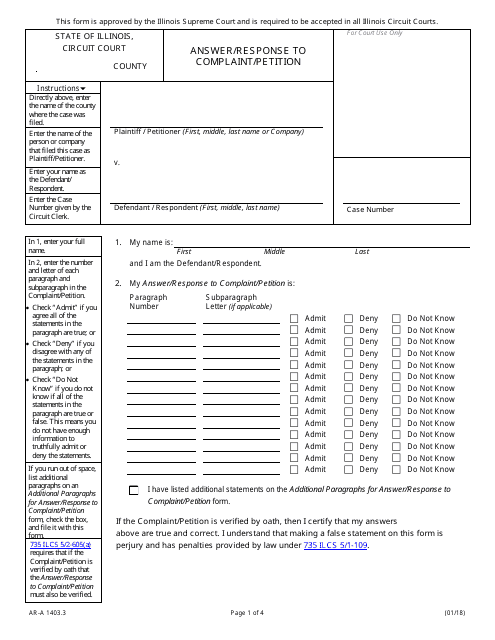 Form AR-A1403.3 Answer/Response to Complaint/Petition - Illinois