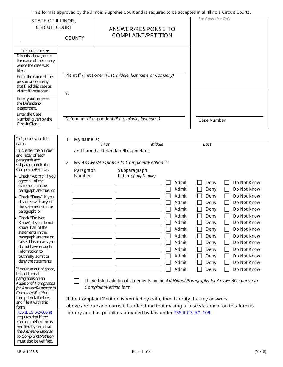 Form AR-A1403.3 Answer / Response to Complaint / Petition - Illinois, Page 1