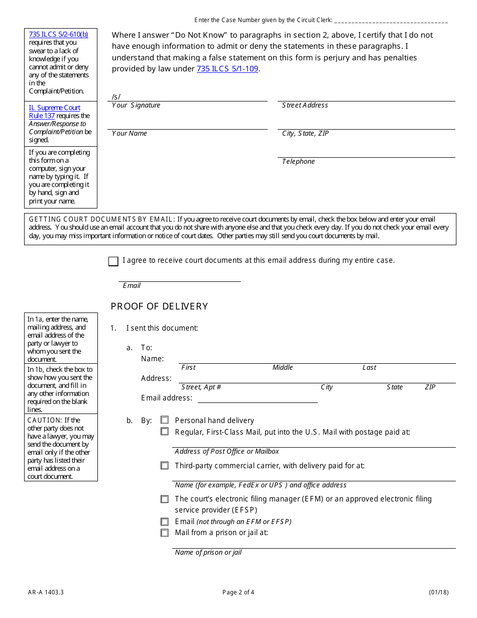 Form AR-A1403.3 Answer / Response to Complaint / Petition - Illinois, Page 2