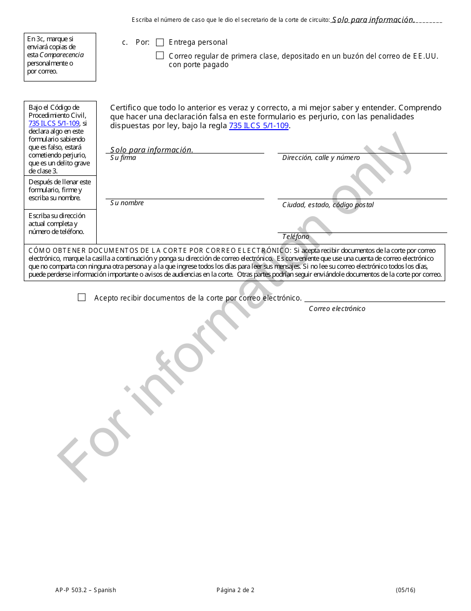 Formulario AP-P503.2 Comparecencia Pro Se - Illinois (Spanish), Page 2