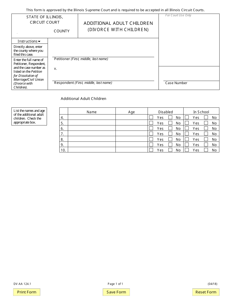 Form DV-AA124.1 Additional Adult Children (Divorce With Children) - Illinois, Page 1