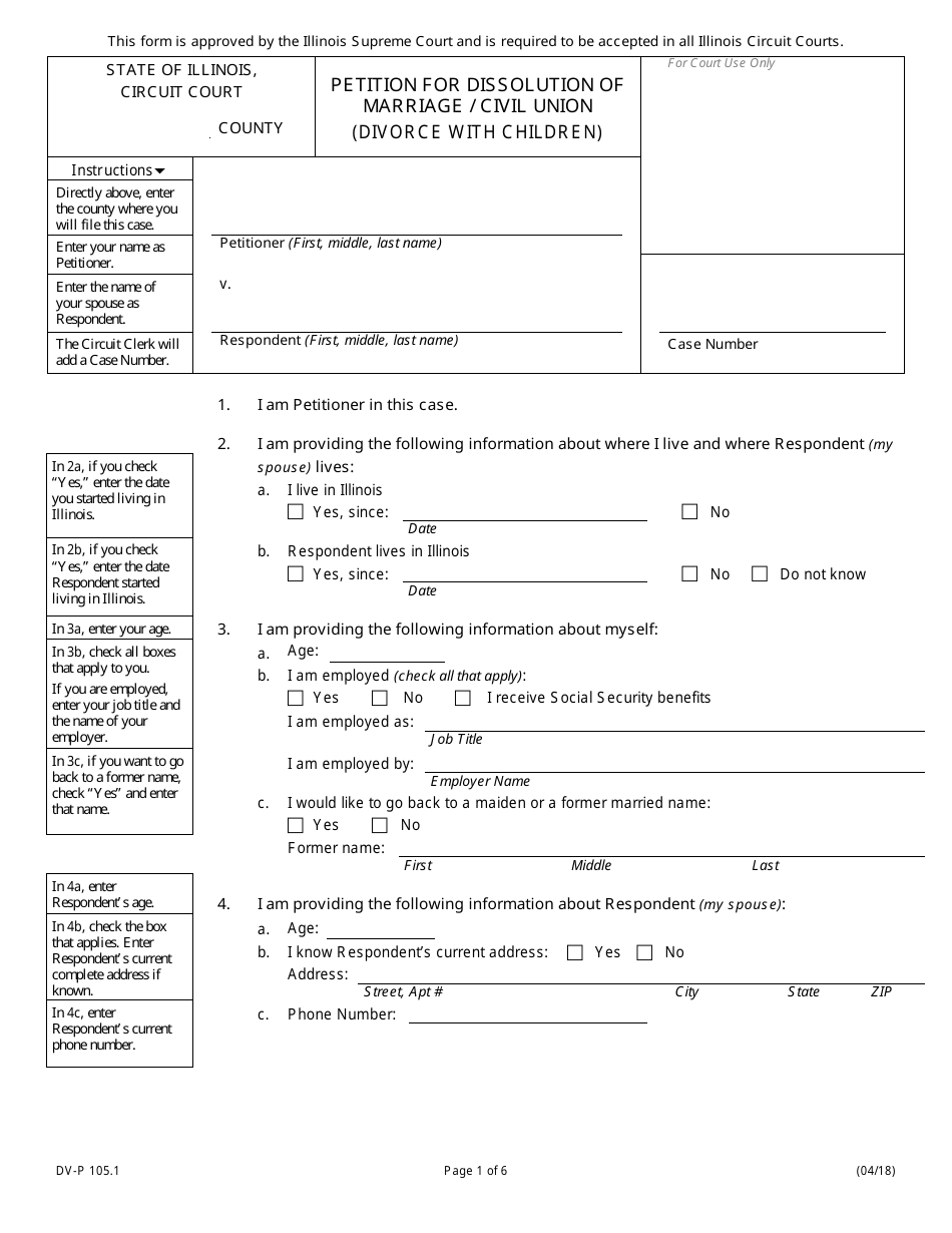 Form DV-P105.1 Petition for Dissolution of Marriage / Civil Union (Divorce With Children) - Illinois, Page 1