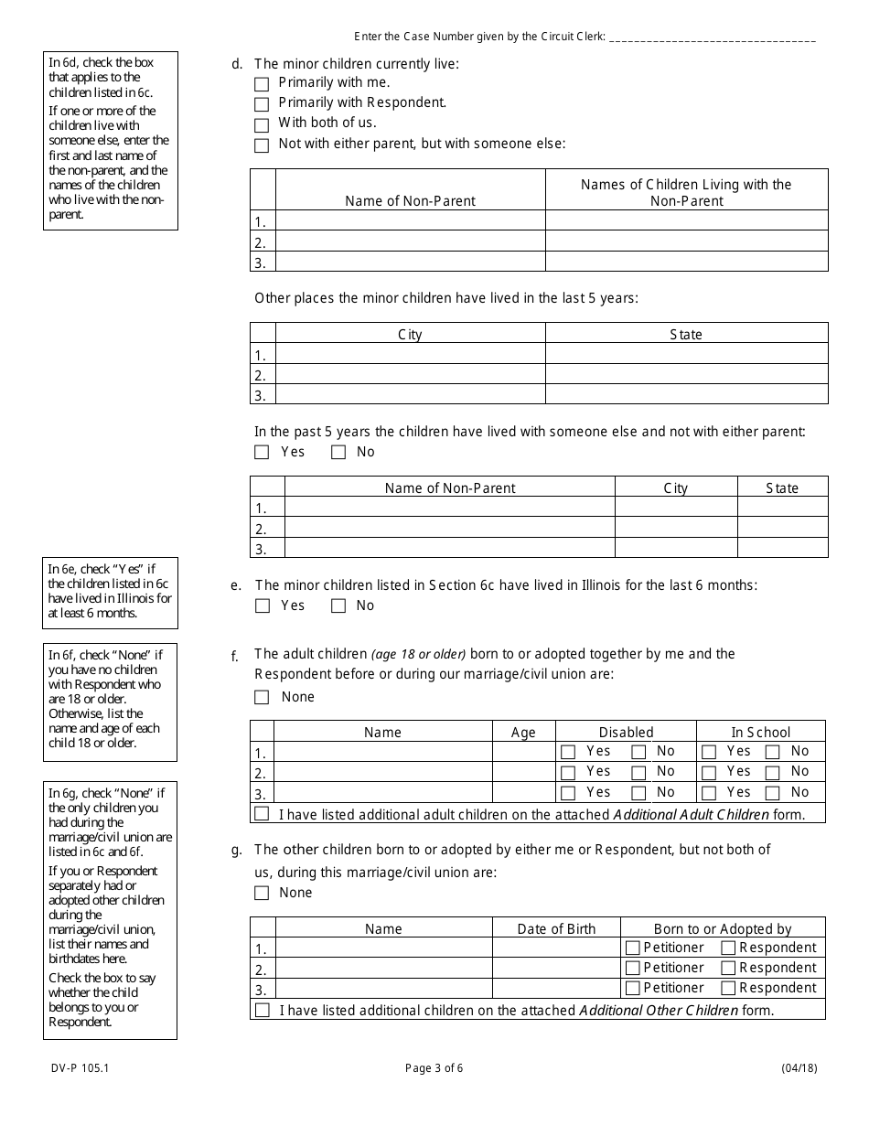 Form DV-P105.1 Petition for Dissolution of Marriage / Civil Union (Divorce With Children) - Illinois, Page 3