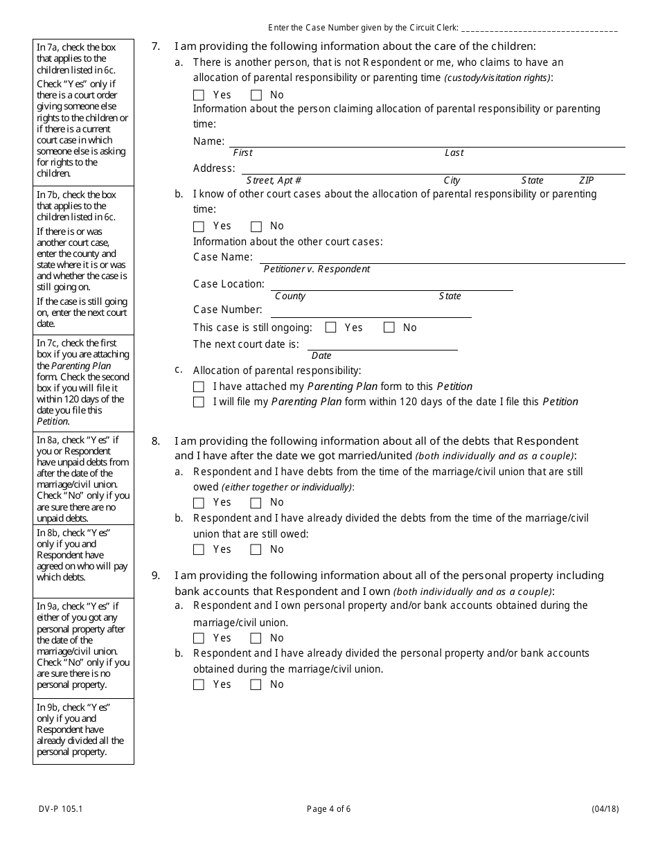 Form DV-P105.1 Petition for Dissolution of Marriage / Civil Union (Divorce With Children) - Illinois, Page 4