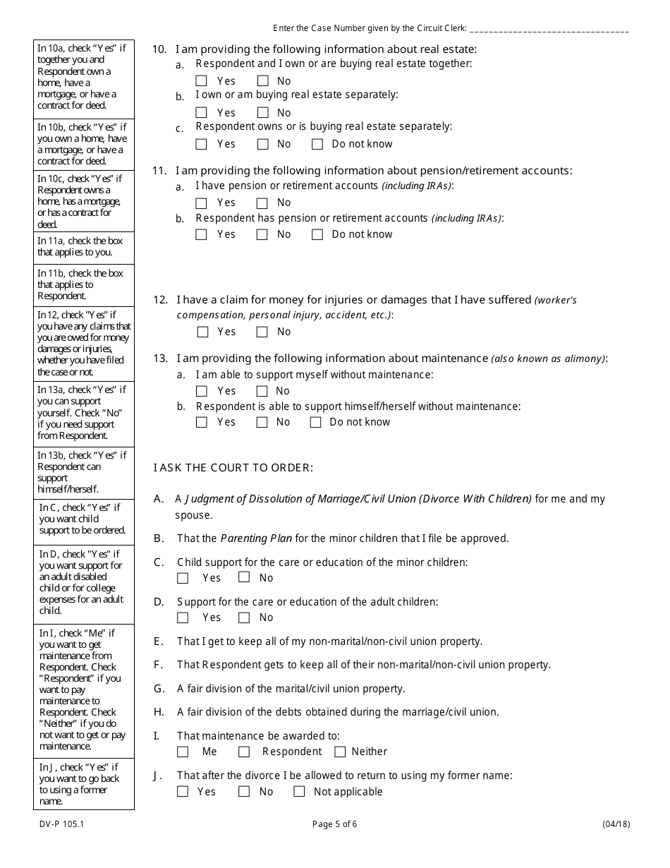 Form DV-P105.1 Petition for Dissolution of Marriage / Civil Union (Divorce With Children) - Illinois, Page 5