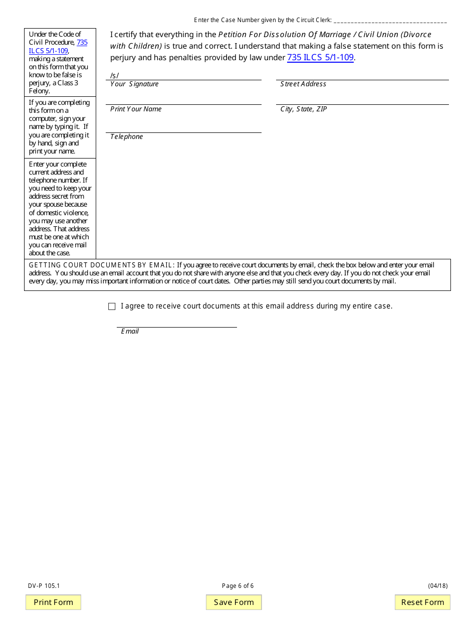 Form DV-P105.1 Petition for Dissolution of Marriage / Civil Union (Divorce With Children) - Illinois, Page 6